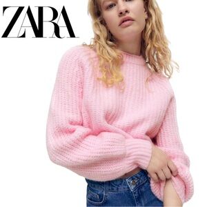 ZARA sz M warm Purl Knit Crop Chunky Sweater Rib knit crew neck Barbie baby pink